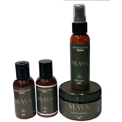 Mava hair care product set including shampoo, conditioner, detangling hair mist, sculpting gelee on a white background